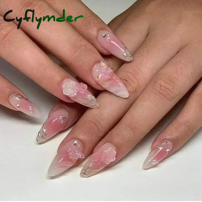 Cyflymder 24Pcs Pink Almond False Nails Butterfly Ballet with French Design Wearable Fake Nails Simple Artificial Press on Nails Tips Art