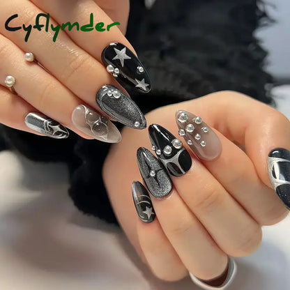 Cyflymder 24Pcs Pink Almond False Nails Butterfly Ballet with French Design Wearable Fake Nails Simple Artificial Press on Nails Tips Art