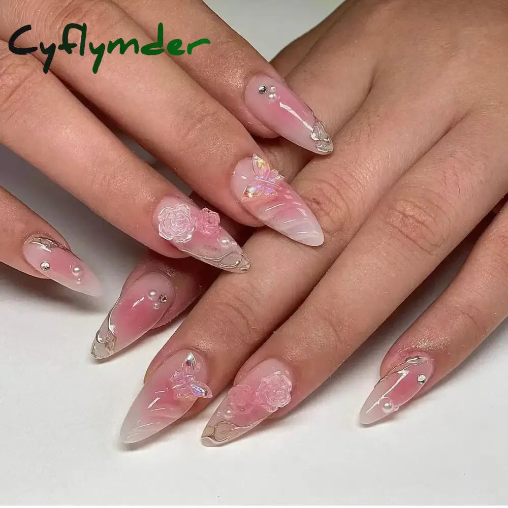 Cyflymder 24Pcs Pink Almond False Nails Butterfly Ballet with French Design Wearable Fake Nails Simple Artificial Press on Nails Tips Art