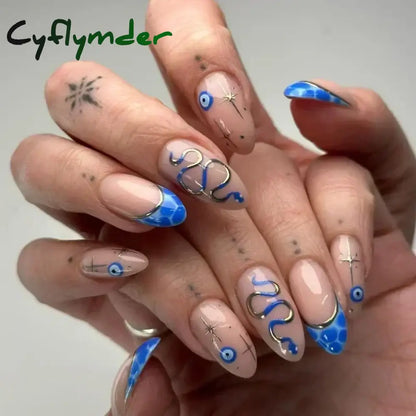 Cyflymder 24Pcs Pink Almond False Nails Butterfly Ballet with French Design Wearable Fake Nails Simple Artificial Press on Nails Tips Art