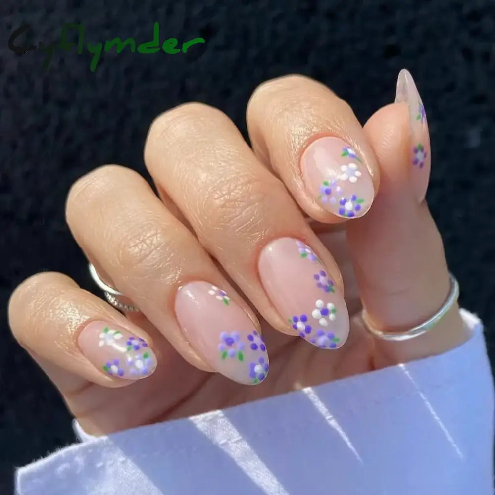 Cyflymder 24Pcs Pink Almond False Nails Butterfly Ballet with French Design Wearable Fake Nails Simple Artificial Press on Nails Tips Art