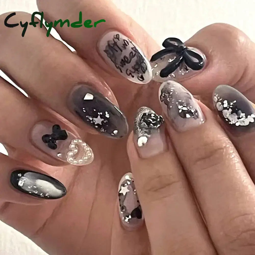 Cyflymder 24Pcs Pink Almond French Press on Nails With 3D Bow ripple charms Design Fake Nails Ballerina False Nails Full Cover Nail Tips