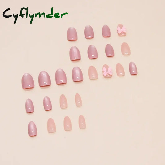 Cyflymder 24pcs Pink Bow Design Glossy Press on Nails Wearable Detachable Almond Fake Nail Tips for Girls Lady Korean Sweet False Nails