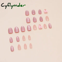 Cyflymder 24pcs Pink Bow Design Glossy Press on Nails Wearable Detachable Almond Fake Nail Tips for Girls Lady Korean Sweet False Nails