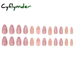 Cyflymder 24pcs Pink Bow Design Glossy Press on Nails Wearable Detachable Almond Fake Nail Tips for Girls Lady Korean Sweet False Nails