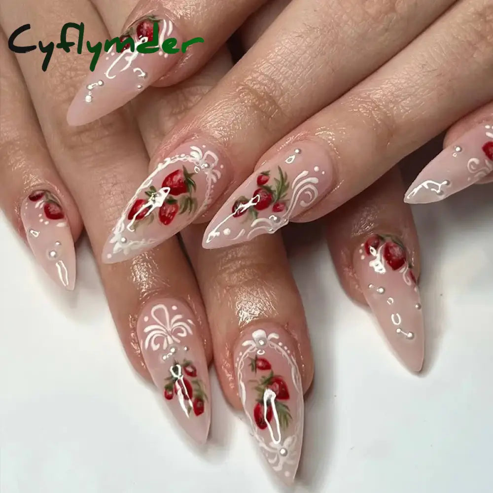 Cyflymder 24pcs Pink Bow Design Glossy Press on Nails Wearable Detachable Almond Fake Nail Tips for Girls Lady Korean Sweet False Nails