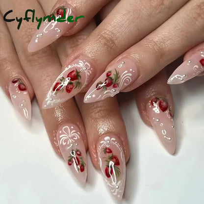 Cyflymder 24pcs Pink Bow Design Glossy Press on Nails Wearable Detachable Almond Fake Nail Tips for Girls Lady Korean Sweet False Nails
