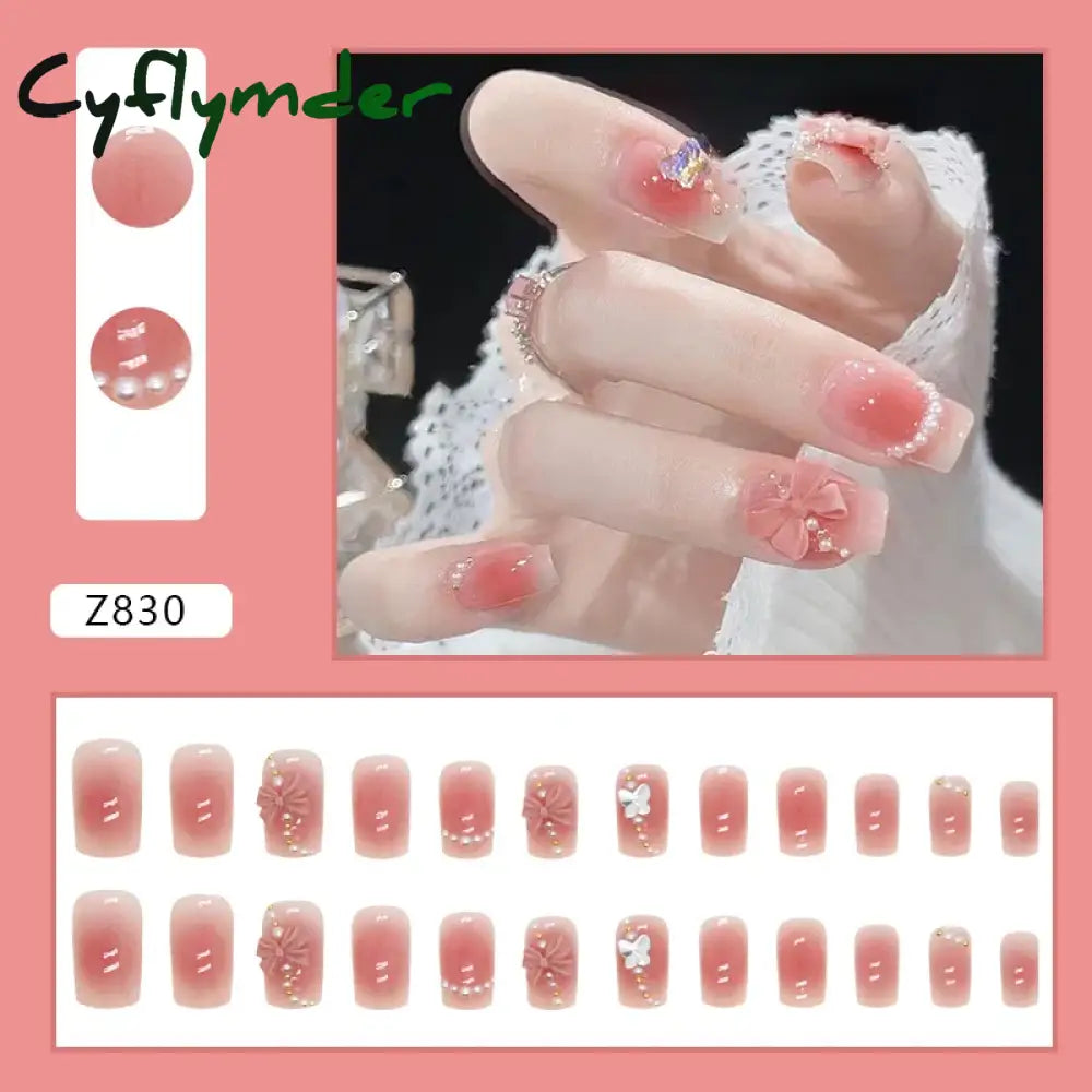 Cyflymder 24pcs Pink Bow Design Glossy Press on Nails Wearable Detachable Almond Fake Nail Tips for Girls Lady Korean Sweet False Nails
