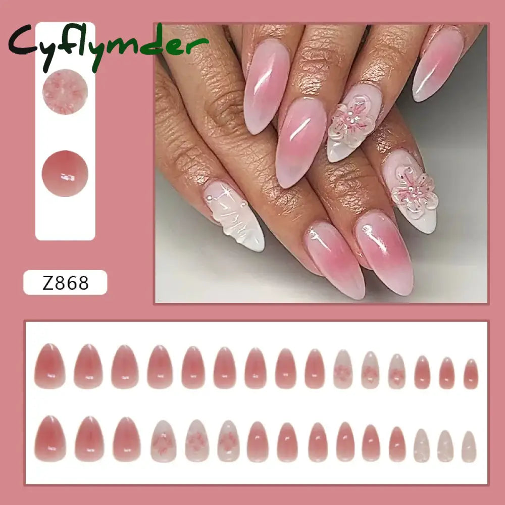 Cyflymder 24pcs Pink Bow Design Glossy Press on Nails Wearable Detachable Almond Fake Nail Tips for Girls Lady Korean Sweet False Nails
