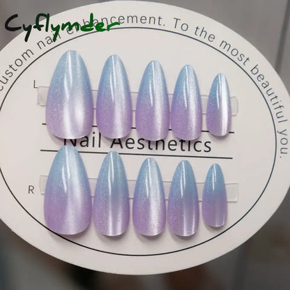 Cyflymder 24pcs Pink Cat Eye Fake Nails Glitter Fashion False Nail Patch For Lady Women Wearable Manicure DIY Art Almond Press on Nails