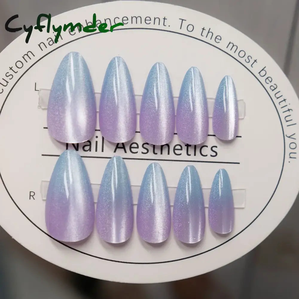 Cyflymder 24pcs Pink Cat Eye Fake Nails Glitter Fashion False Nail Patch For Lady Women Wearable Manicure DIY Art Almond Press on Nails