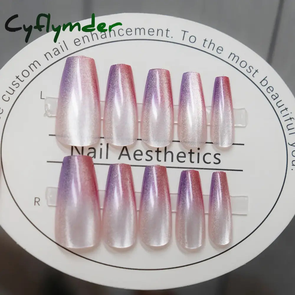 Cyflymder 24pcs Pink Cat Eye Fake Nails Glitter Fashion False Nail Patch For Lady Women Wearable Manicure DIY Art Almond Press on Nails