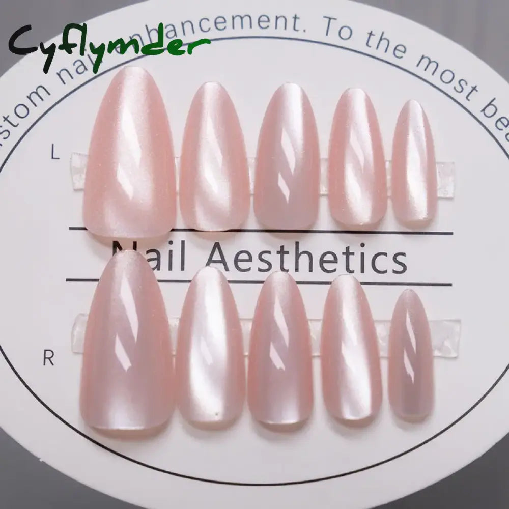 Cyflymder 24pcs Pink Cat Eye Fake Nails Glitter Fashion False Nail Patch For Lady Women Wearable Manicure DIY Art Almond Press on Nails