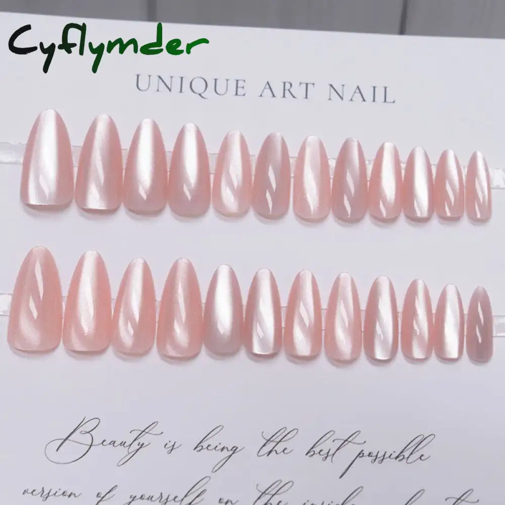 Cyflymder 24pcs Pink Cat Eye Fake Nails Glitter Fashion False Nail Patch For Lady Women Wearable Manicure DIY Art Almond Press on Nails