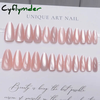 Cyflymder 24pcs Pink Cat Eye Fake Nails Glitter Fashion False Nail Patch For Lady Women Wearable Manicure DIY Art Almond Press on Nails