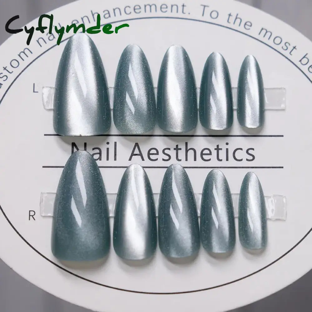 Cyflymder 24pcs Pink Cat Eye Fake Nails Glitter Fashion False Nail Patch For Lady Women Wearable Manicure DIY Art Almond Press on Nails