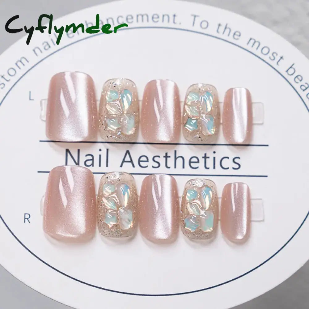 Cyflymder 24pcs Pink Cat Eye Fake Nails Glitter Fashion False Nail Patch For Lady Women Wearable Manicure DIY Art Almond Press on Nails