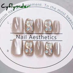 Cyflymder 24pcs Pink Cat Eye Fake Nails Glitter Fashion False Nail Patch For Lady Women Wearable Manicure DIY Art Almond Press on Nails