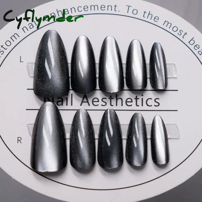 Cyflymder 24pcs Pink Cat Eye Fake Nails Glitter Fashion False Nail Patch For Lady Women Wearable Manicure DIY Art Almond Press on Nails
