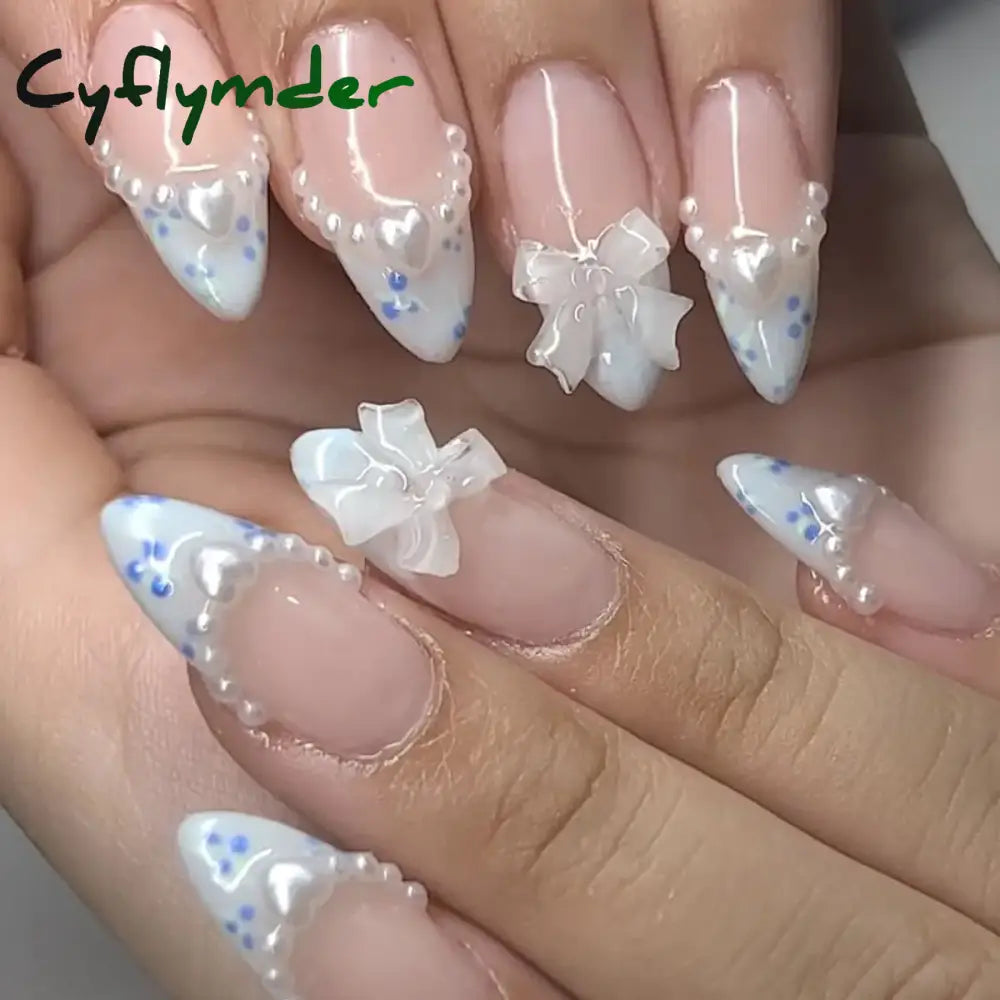 Cyflymder 24PCS Pink Cute Girl Bow French Nail Art Full Cover Wearable Detachable Fake Nails Press On Nails Almond False Nail