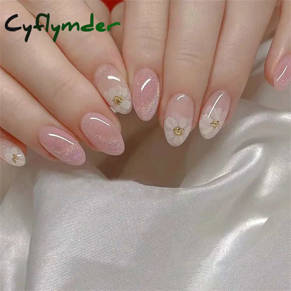 Cyflymder 24PCS Pink Cute Girl Bow French Nail Art Full Cover Wearable Detachable Fake Nails Press On Nails Almond False Nail