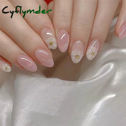 Cyflymder 24PCS Pink Cute Girl Bow French Nail Art Full Cover Wearable Detachable Fake Nails Press On Nails Almond False Nail
