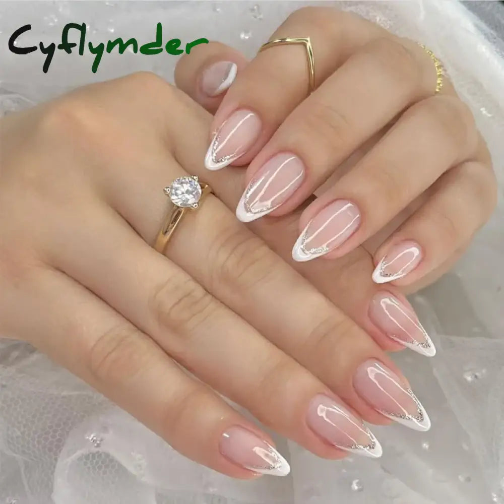 Cyflymder 24PCS Pink Cute Girl Bow French Nail Art Full Cover Wearable Detachable Fake Nails Press On Nails Almond False Nail