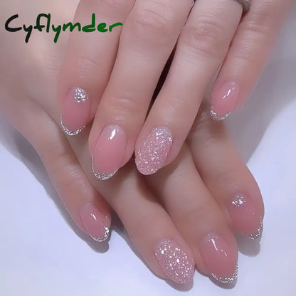 Cyflymder 24PCS Pink Cute Girl Bow French Nail Art Full Cover Wearable Detachable Fake Nails Press On Nails Almond False Nail
