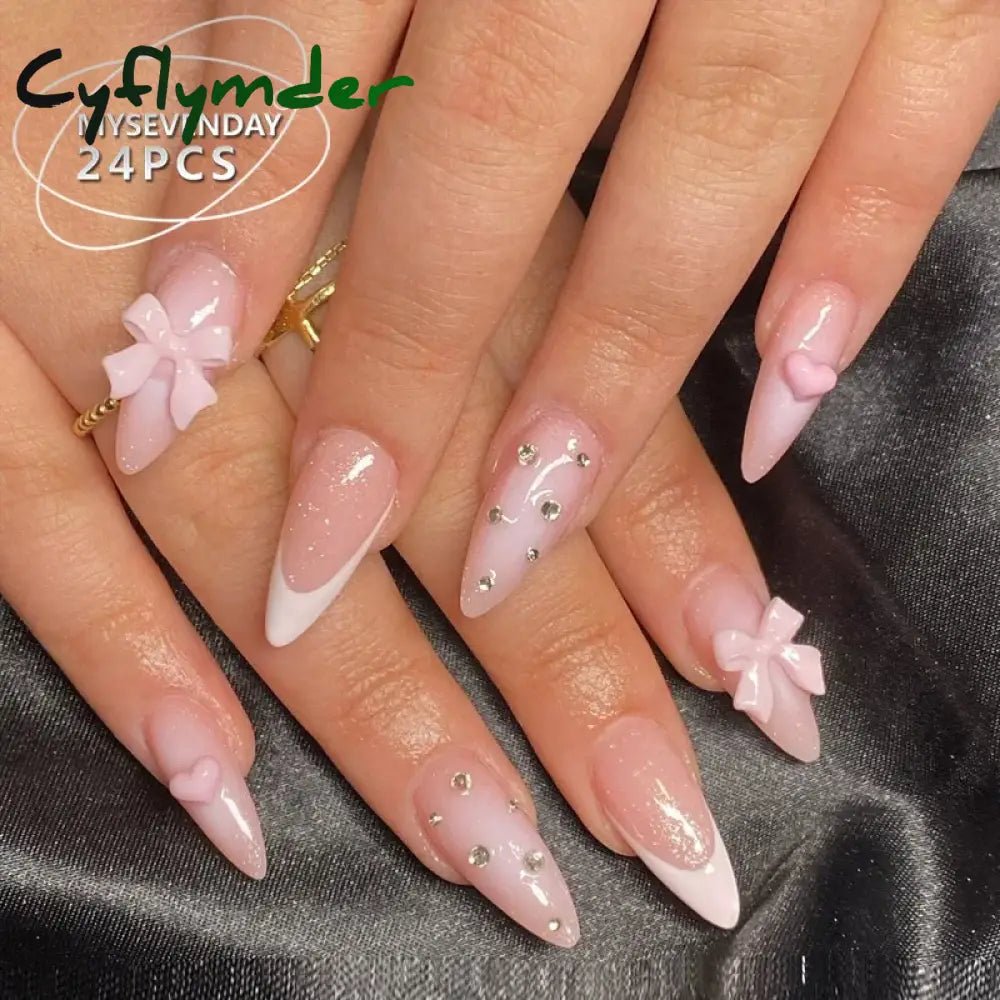 Cyflymder 24PCS Pink Cute Girl Bow French Nail Art Full Cover Wearable Detachable Fake Nails Press On Nails Almond False Nail