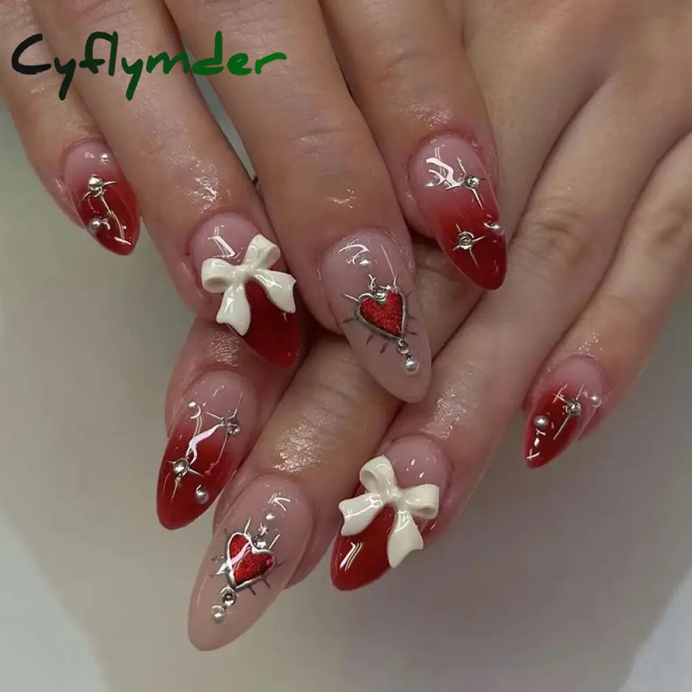 Cyflymder 24PCS Pink Cute Girl Bow French Nail Art Full Cover Wearable Detachable Fake Nails Press On Nails Almond False Nail