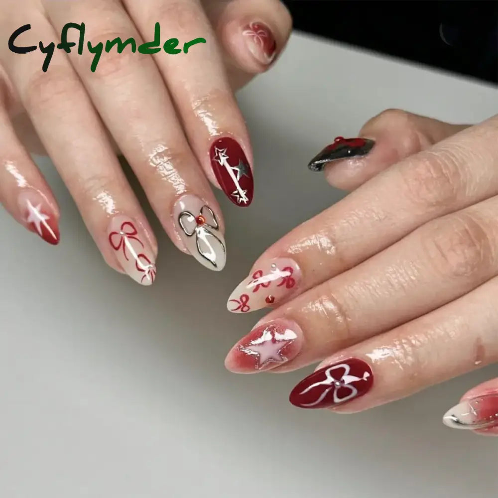 Cyflymder 24PCS Pink Cute Girl Bow French Nail Art Full Cover Wearable Detachable Fake Nails Press On Nails Almond False Nail
