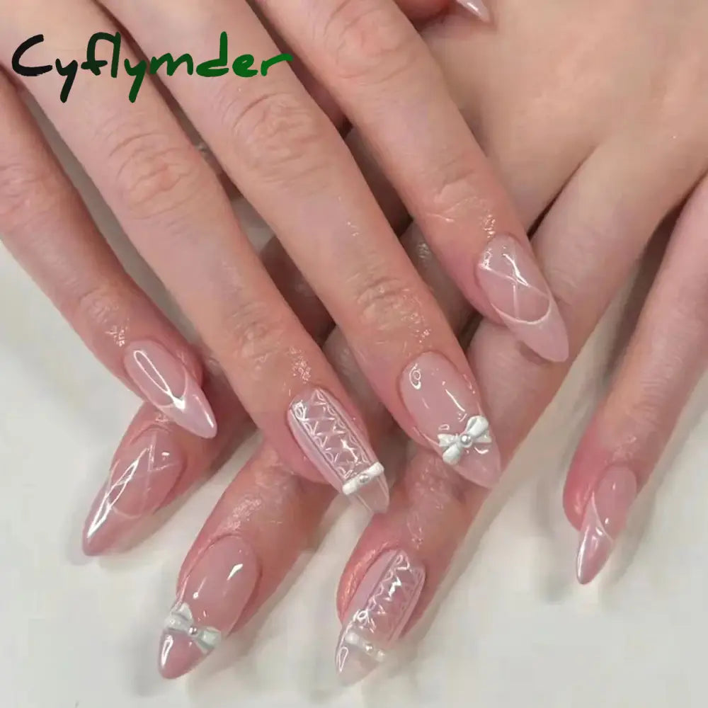 Cyflymder 24PCS Pink Cute Girl Bow French Nail Art Full Cover Wearable Detachable Fake Nails Press On Nails Almond False Nail