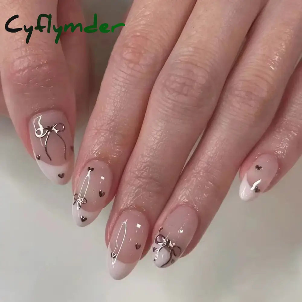 Cyflymder 24PCS Pink Cute Girl Bow French Nail Art Full Cover Wearable Detachable Fake Nails Press On Nails Almond False Nail