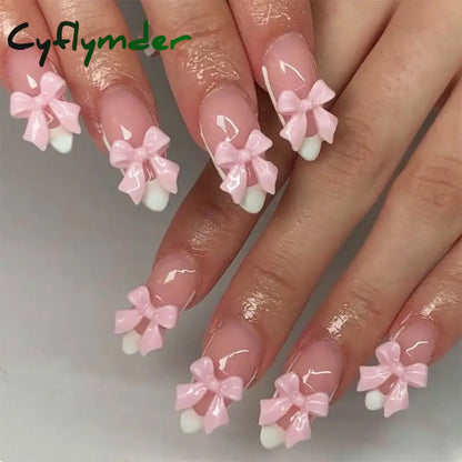 Cyflymder 24PCS Pink Cute Girl Bow French Nail Art Full Cover Wearable Detachable Fake Nails Press On Nails Almond False Nail