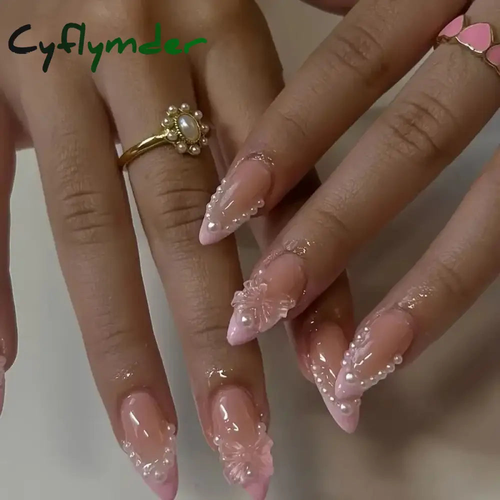 Cyflymder 24PCS Pink Cute Girl Bow French Nail Art Full Cover Wearable Detachable Fake Nails Press On Nails Almond False Nail