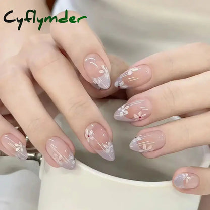 Cyflymder 24PCS Pink Cute Girl Bow French Nail Art Full Cover Wearable Detachable Fake Nails Press On Nails Almond False Nail