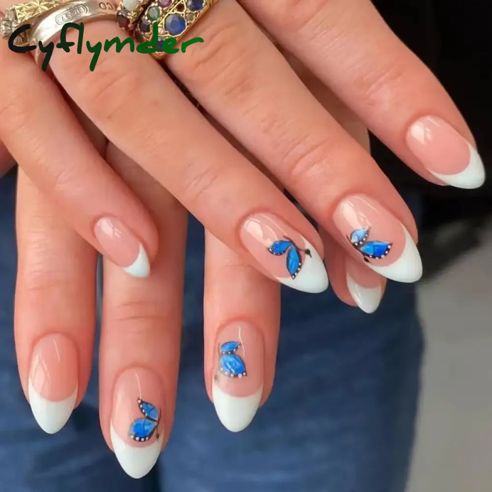 Cyflymder 24PCS Pink Cute Girl Bow French Nail Art Full Cover Wearable Detachable Fake Nails Press On Nails Almond False Nail