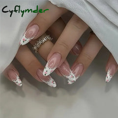 Cyflymder 24PCS Pink Cute Girl Bow French Nail Art Full Cover Wearable Detachable Fake Nails Press On Nails Almond False Nail
