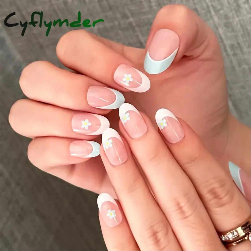 Cyflymder 24PCS Pink Cute Girl Bow French Nail Art Full Cover Wearable Detachable Fake Nails Press On Nails Almond False Nail