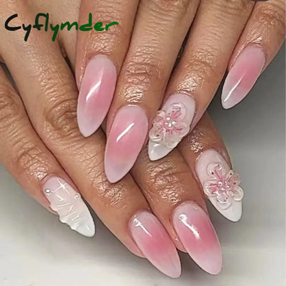 Cyflymder 24PCS Pink Cute Girl Bow French Nail Art Full Cover Wearable Detachable Fake Nails Press On Nails Almond False Nail