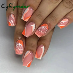Cyflymder 24Pcs Press On Nails Simple French Colorful Wavy Abstract Line Fake Nails Full Cover Nail Art Tips Coffin Square Head False Nail