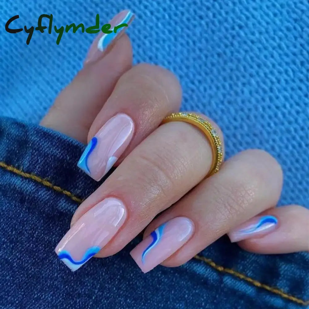 Cyflymder 24Pcs Press On Nails Simple French Colorful Wavy Abstract Line Fake Nails Full Cover Nail Art Tips Coffin Square Head False Nail