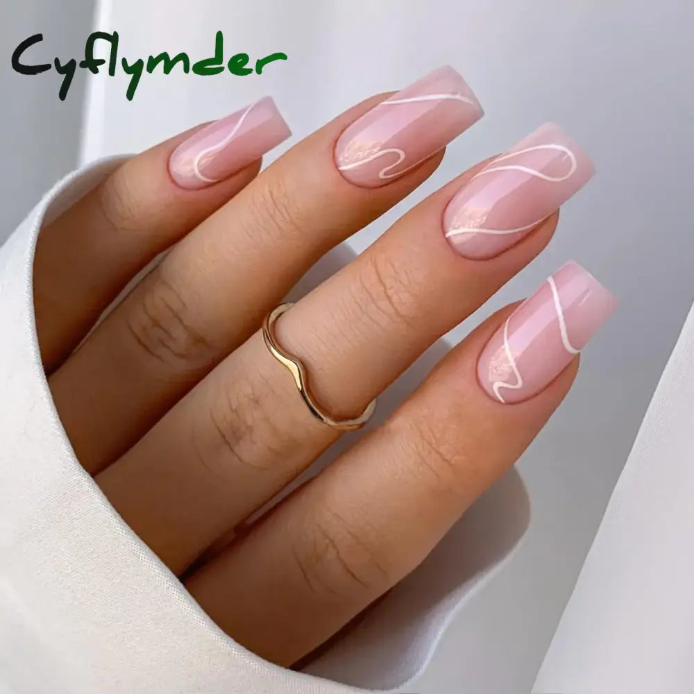 Cyflymder 24Pcs Press On Nails Simple French Colorful Wavy Abstract Line Fake Nails Full Cover Nail Art Tips Coffin Square Head False Nail