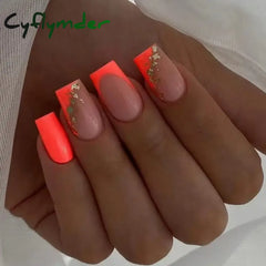 Cyflymder 24Pcs Press On Nails Simple French Colorful Wavy Abstract Line Fake Nails Full Cover Nail Art Tips Coffin Square Head False Nail