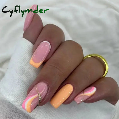 Cyflymder 24Pcs Press On Nails Simple French Colorful Wavy Abstract Line Fake Nails Full Cover Nail Art Tips Coffin Square Head False Nail