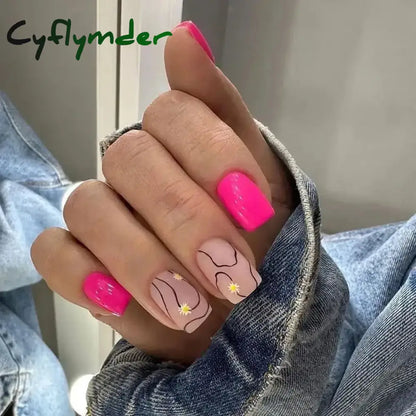 Cyflymder 24Pcs Press On Nails Simple French Colorful Wavy Abstract Line Fake Nails Full Cover Nail Art Tips Coffin Square Head False Nail
