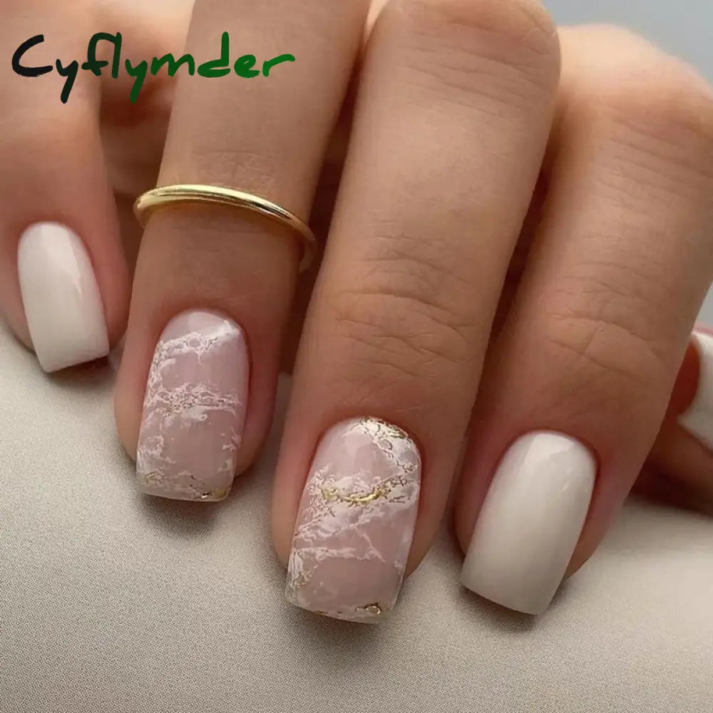 Cyflymder 24Pcs Press On Nails Simple French Colorful Wavy Abstract Line Fake Nails Full Cover Nail Art Tips Coffin Square Head False Nail