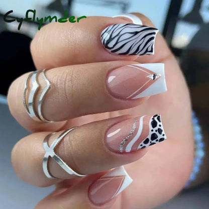 Cyflymder 24Pcs Press On Nails Simple French Colorful Wavy Abstract Line Fake Nails Full Cover Nail Art Tips Coffin Square Head False Nail