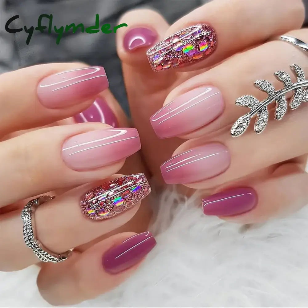 Cyflymder 24Pcs Press On Nails Simple French Colorful Wavy Abstract Line Fake Nails Full Cover Nail Art Tips Coffin Square Head False Nail