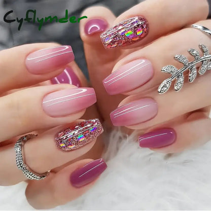 Cyflymder 24Pcs Press On Nails Simple French Colorful Wavy Abstract Line Fake Nails Full Cover Nail Art Tips Coffin Square Head False Nail